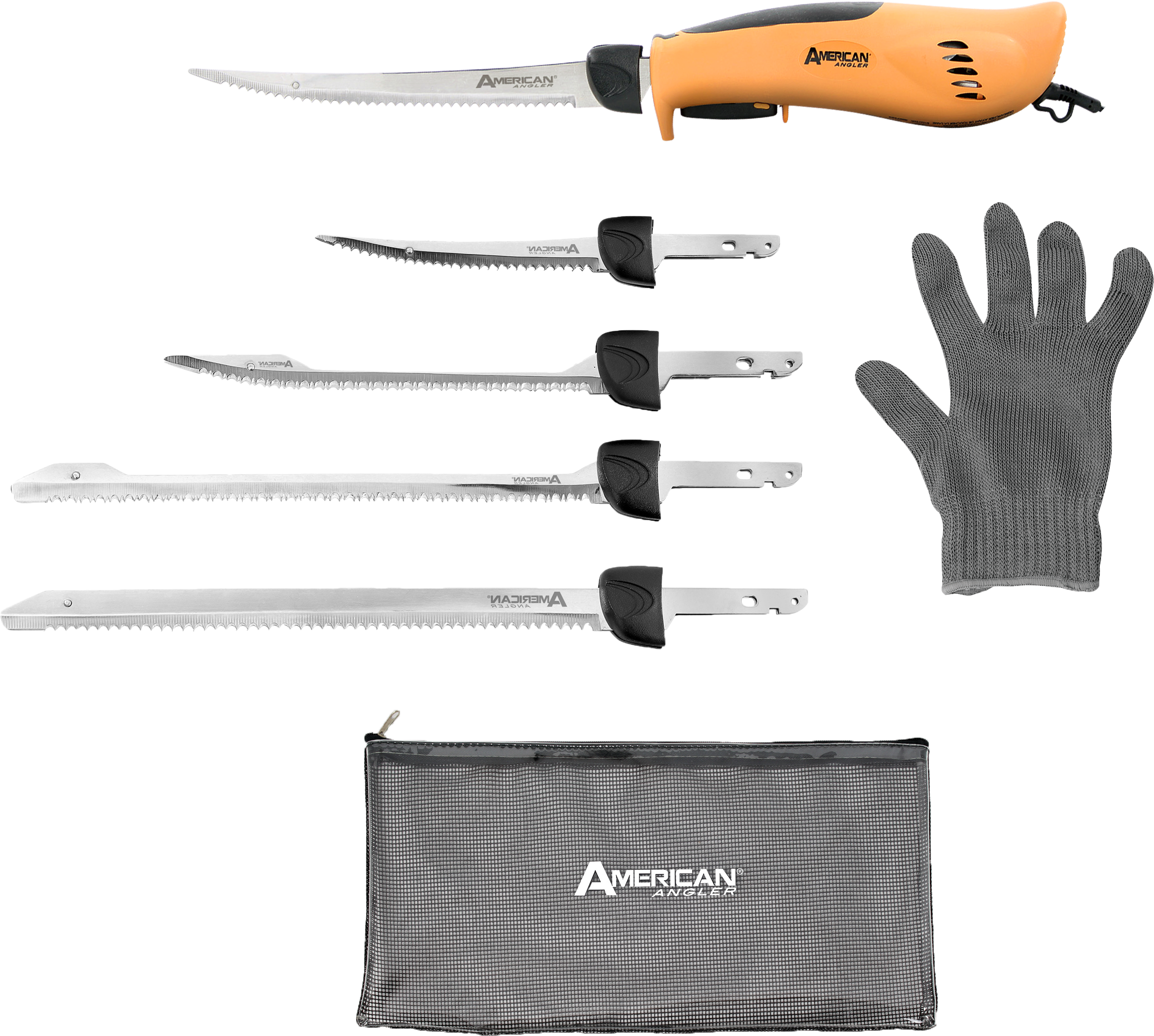 AMERICAN ANGLER PRO ELECTRIC KNIFE WITH 5 BLADES, FILLET GLOVE, AND MESH  BAG - Babe Winkelman's Good Fishing & Outdoor Secrets