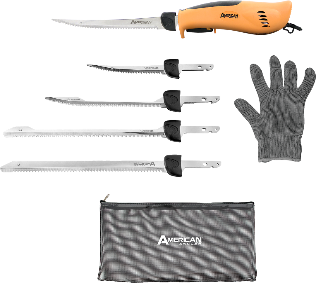 American Angler Classic Heavy Duty Electric Fillet Knife Precision Kit – 110 Volt High Performance Motorized Handset with Two Curved and One Straight Stainless Steel Freshwater Replacement Blades, 31451DS